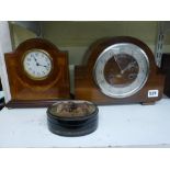 A 1920s mahogany and marquetry mantel timepiece with Swiss movement, a 1930s walnut mantel clock,