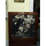 A panel of Japanese floss silk embroidery, of birds and flowering branches on a black ground,