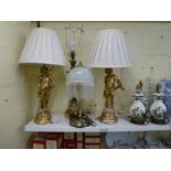 Three Mason's table-lamps, a pair of gold-painted cherub table-lamps with shades, a brass table-lamp