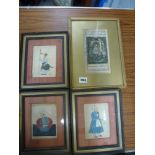 Four antique Persian miniatures, including of a court scene, a warrior, and a prince (largest 19 x