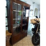 An elegant mahogany bookcase, circa 1900, enclosed by a pair of eight-paned doors with brass framing