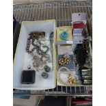 A card box and lid of costume jewellery including a quantity in silver including a 'Tiffany'