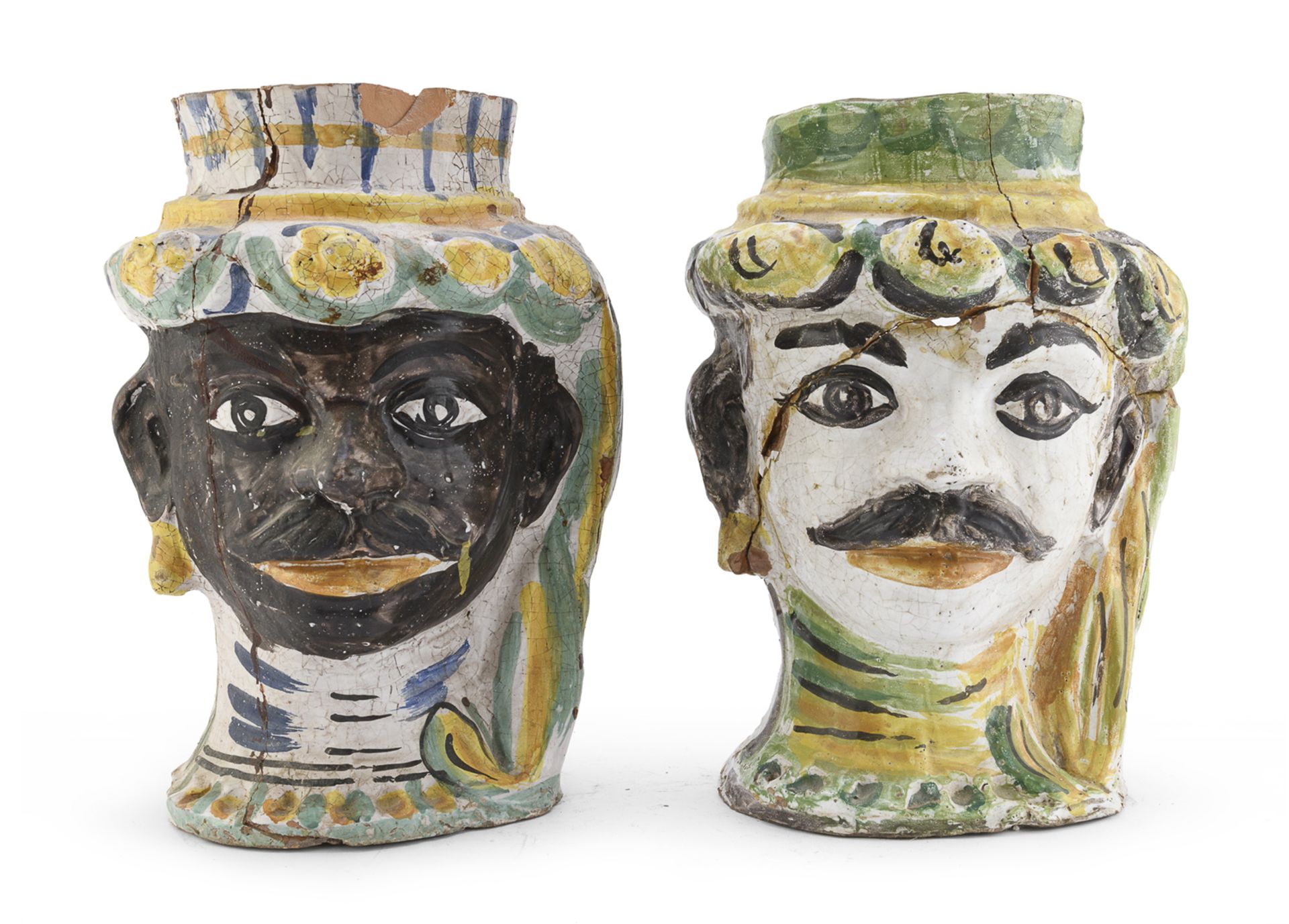 REMAINS OF PAIR OF MAJOLICA VASES CALTAGIRONE