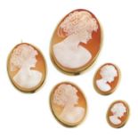 FIVE CAMEO BROOCHES