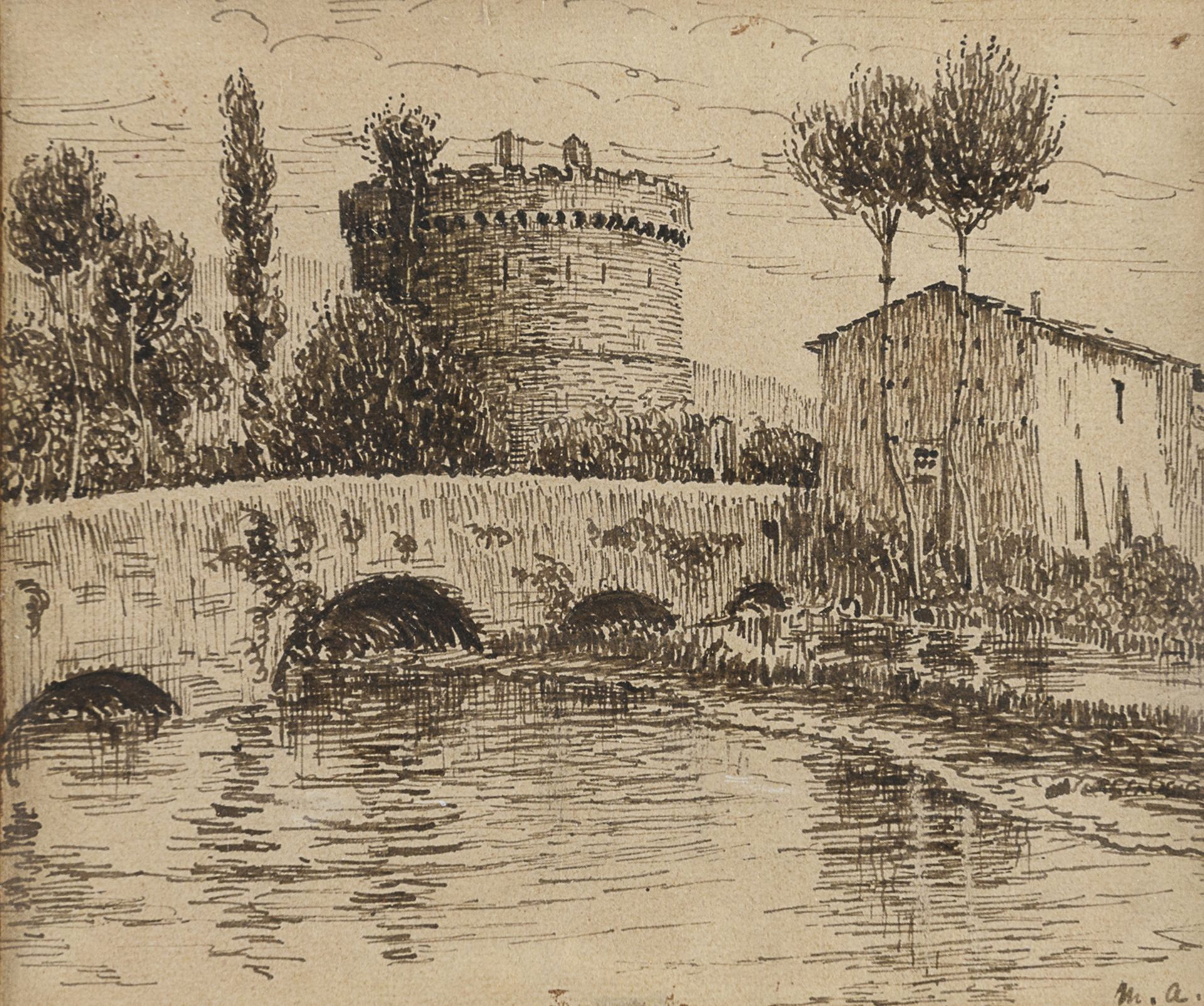 TWO INK DRAWINGS VIEWS OF ROME