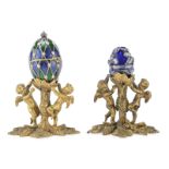 TWO ENAMEL EGGS WITH SILVER APPLICATIONS 20th CENTURY