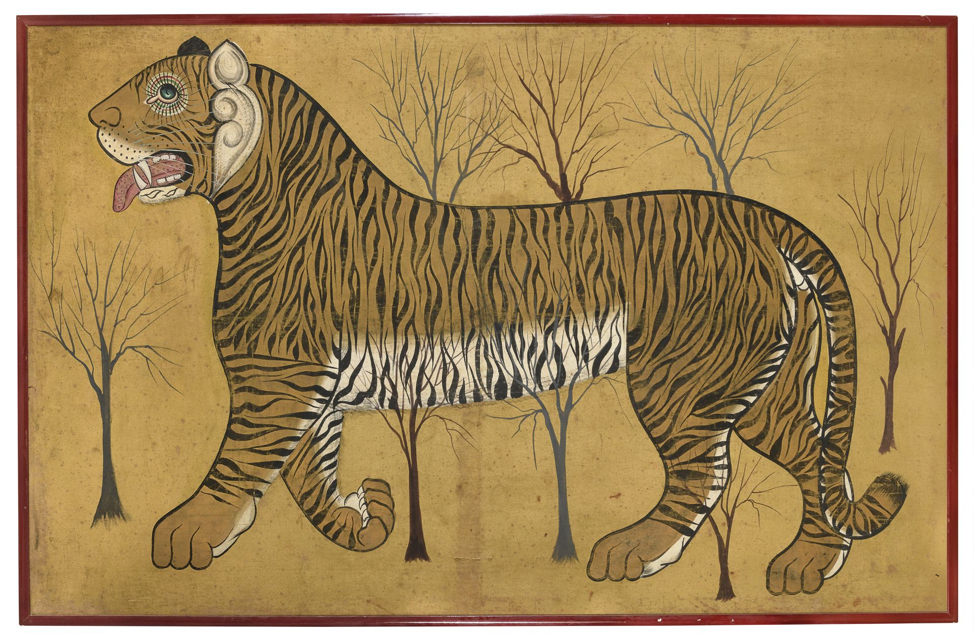 A CHINESE PAINTING ON SILK DEPICTING A TIGER. 20TH CENTURY.