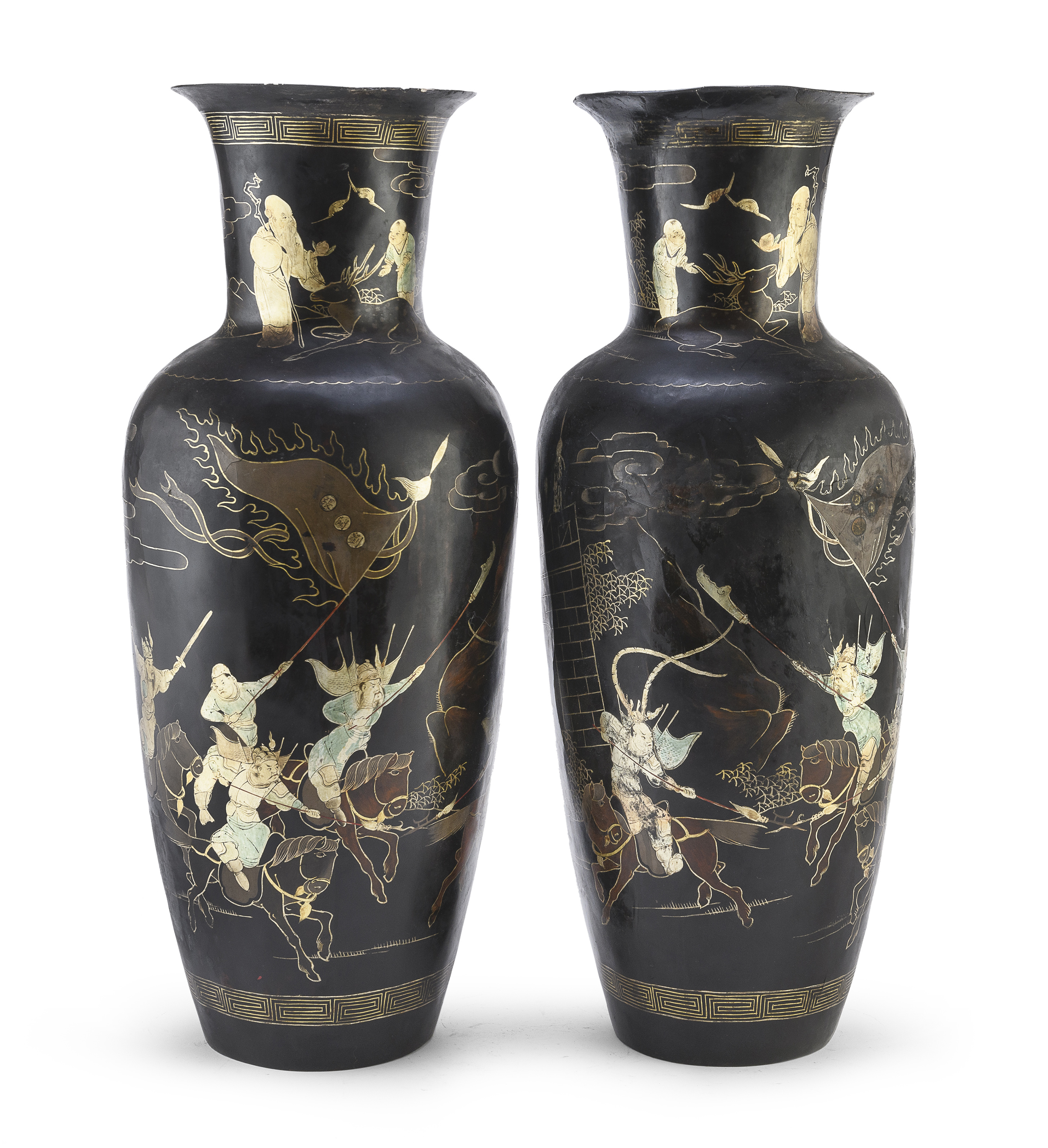 A CHINESE PAIR BLACK AND GOLD LACQUER WOOD VASES 20TH CENTURY.