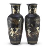 A CHINESE PAIR BLACK AND GOLD LACQUER WOOD VASES 20TH CENTURY.
