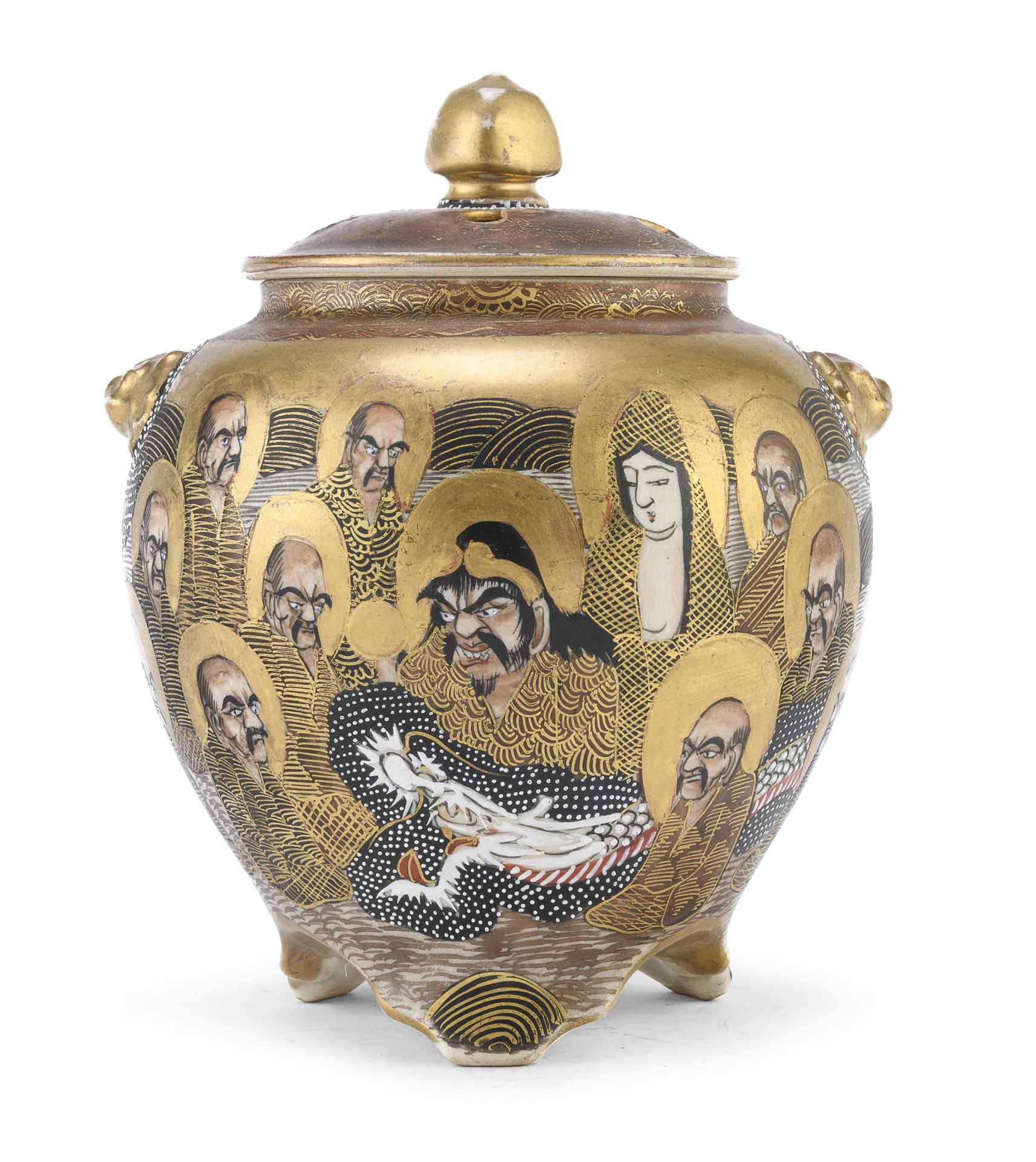 A JAPANESE POLYCHROME AND GOLD ENAMELED SATSUMA CERAMIC CENSER LATE 19TH EARLY 20TH CENTURY.