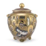 A JAPANESE POLYCHROME AND GOLD ENAMELED SATSUMA CERAMIC CENSER LATE 19TH EARLY 20TH CENTURY.