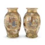 A PAIR OF JAPANESE POLYCHROME AND GOLD ENAMELED SATSUMA CERAMIC VASES LATE 19TH EARLY 20TH CENTURY.