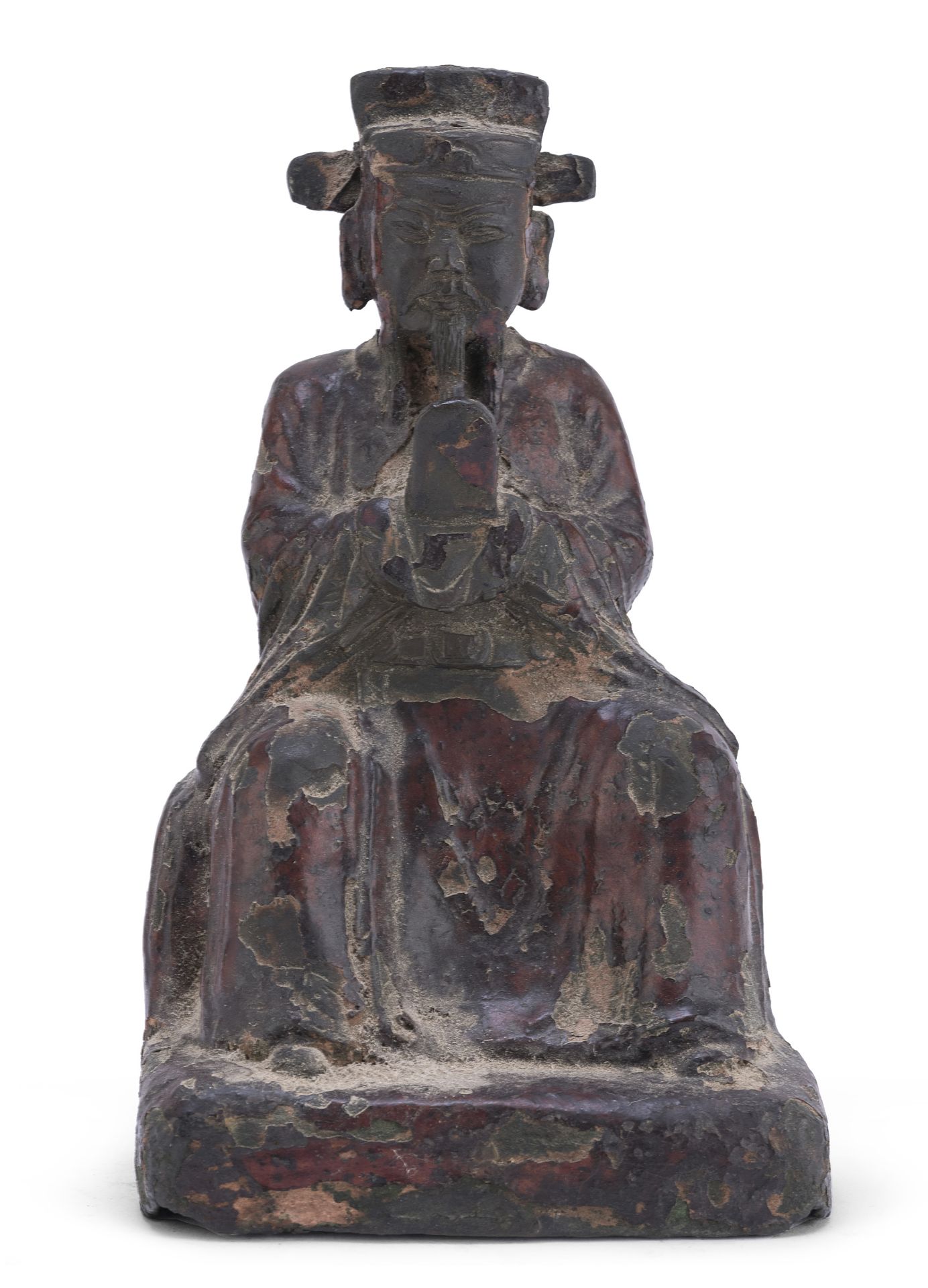 A CHINESE RED LACQUER BRONZE SCULPTURE DEPICTING YUHUANG SHANGDI. EARLY 20TH CENTURY. DEFECTS.