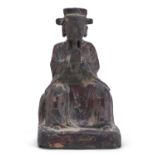 A CHINESE RED LACQUER BRONZE SCULPTURE DEPICTING YUHUANG SHANGDI. EARLY 20TH CENTURY. DEFECTS.