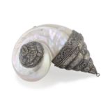 A BIG TIBETAN SHELL WITH SILVER INSERTS 20TH CENTURY.