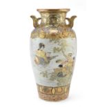 A BIG JAPANESE POLYCHROME AND GOLD ENAMELED PORCELAIN SATSUMA VASES LATE 19TH EARLY 20TH CENTURY. EX