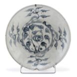 A CHINESE WHITE AND BLUE PORCELAIN DISH 17TH CENTURY DEFECTS AND LACKS.