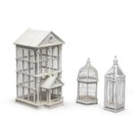 THREE WHITE LACQUERED WOOD BIRD CAGES EARLY 20TH CENTURY