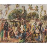 OIL PAINTING OF VILLAGE BY AFRICAN PAINTER 1955