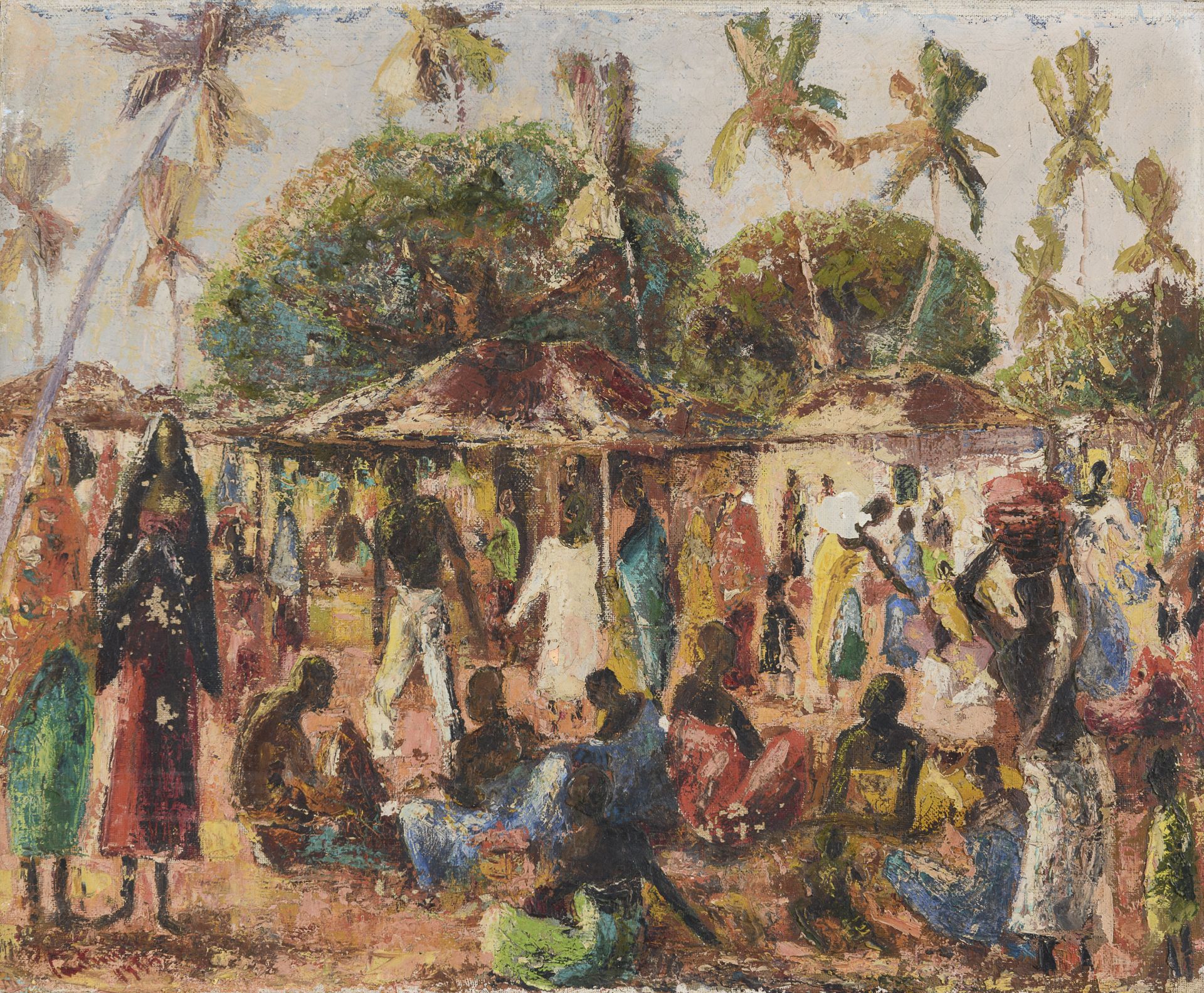 OIL PAINTING OF VILLAGE BY AFRICAN PAINTER 1955