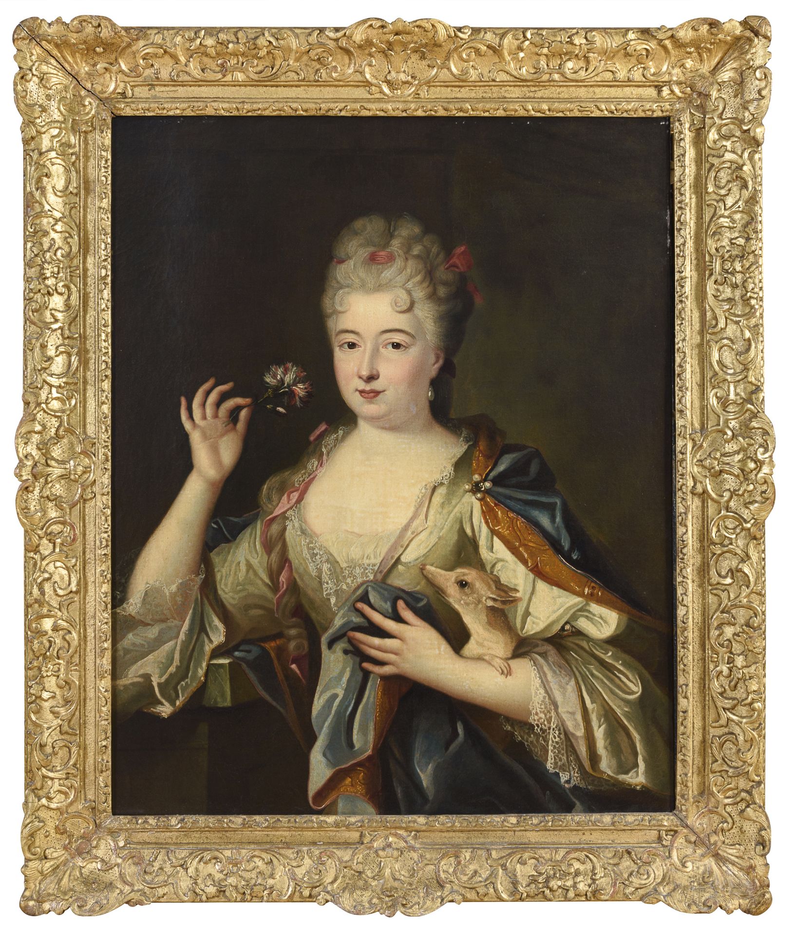 FRENCH OIL PAINTING OF A LADY WITH DOG 18TH CENTURY