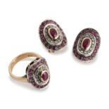 GOLD EARRINGS AND RING WITH RUBIES AND DIAMONDS