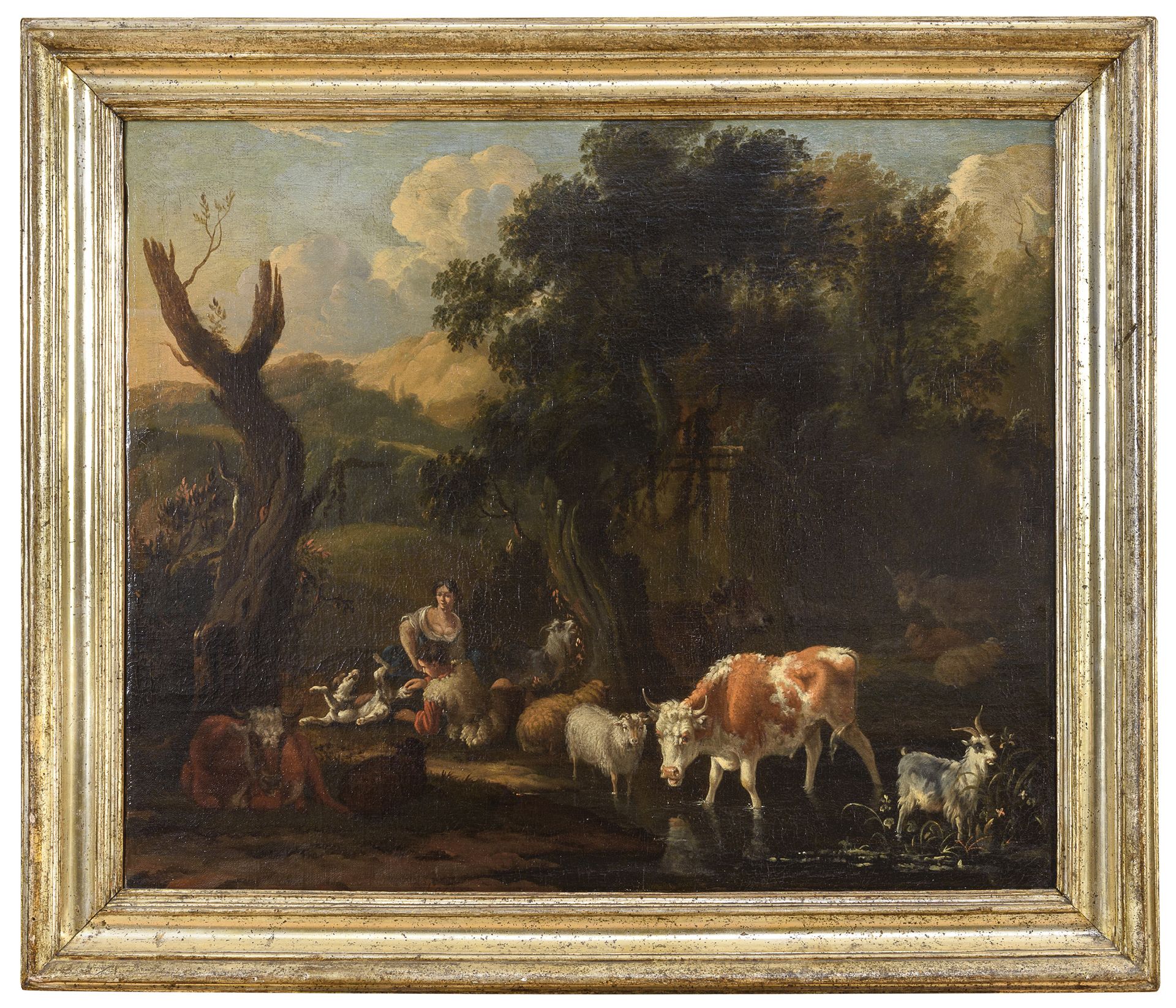 OIL LANDSCAPE WITH HERDS BY A DUTCH PAINTER ACTIVE IN ITALY SECOND HALF 17TH CENTURY