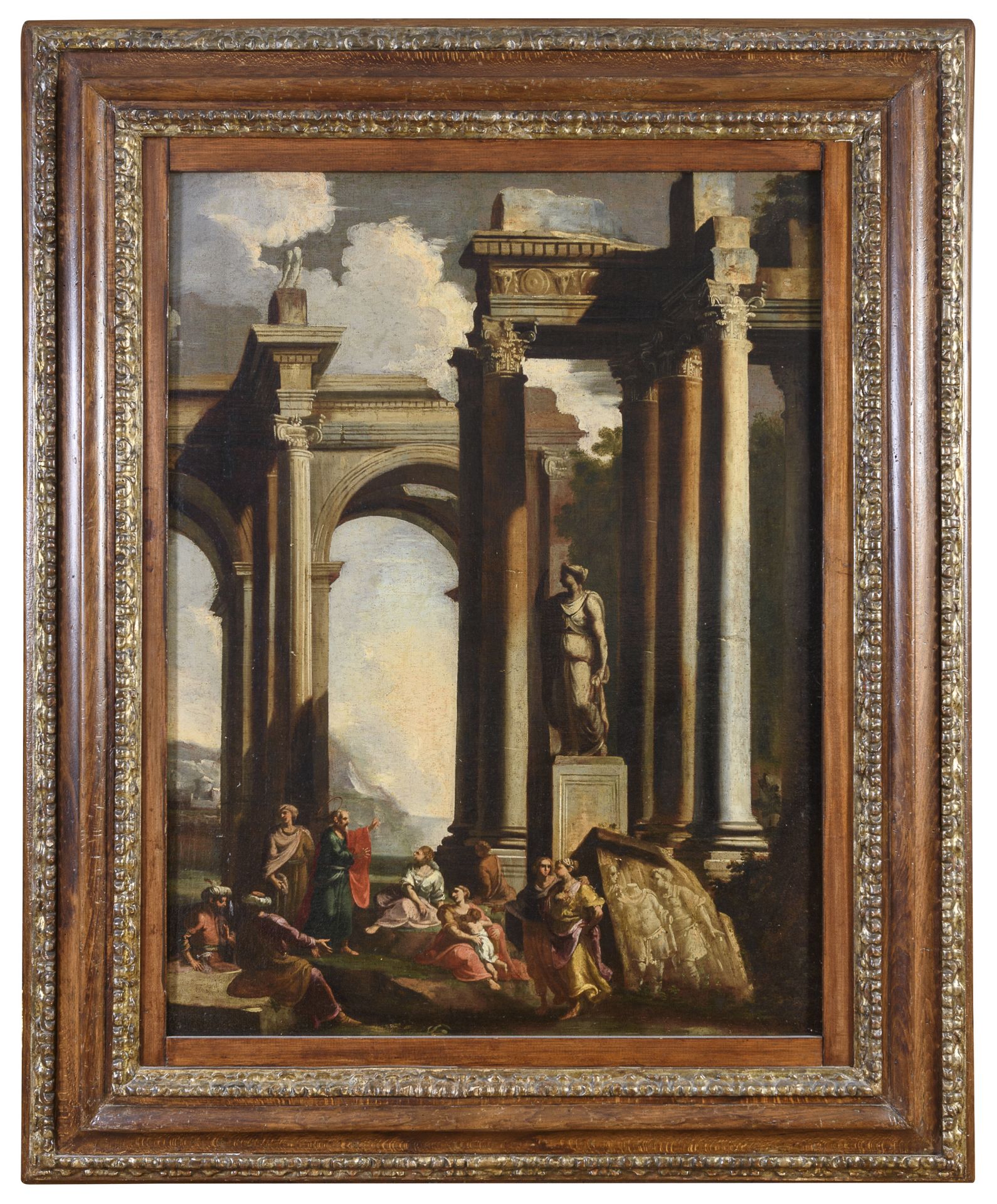 OIL PAINTING OF ROMAN RUINS WITH SAINT PAUL ATT. TO ALBERTO CARLIERI