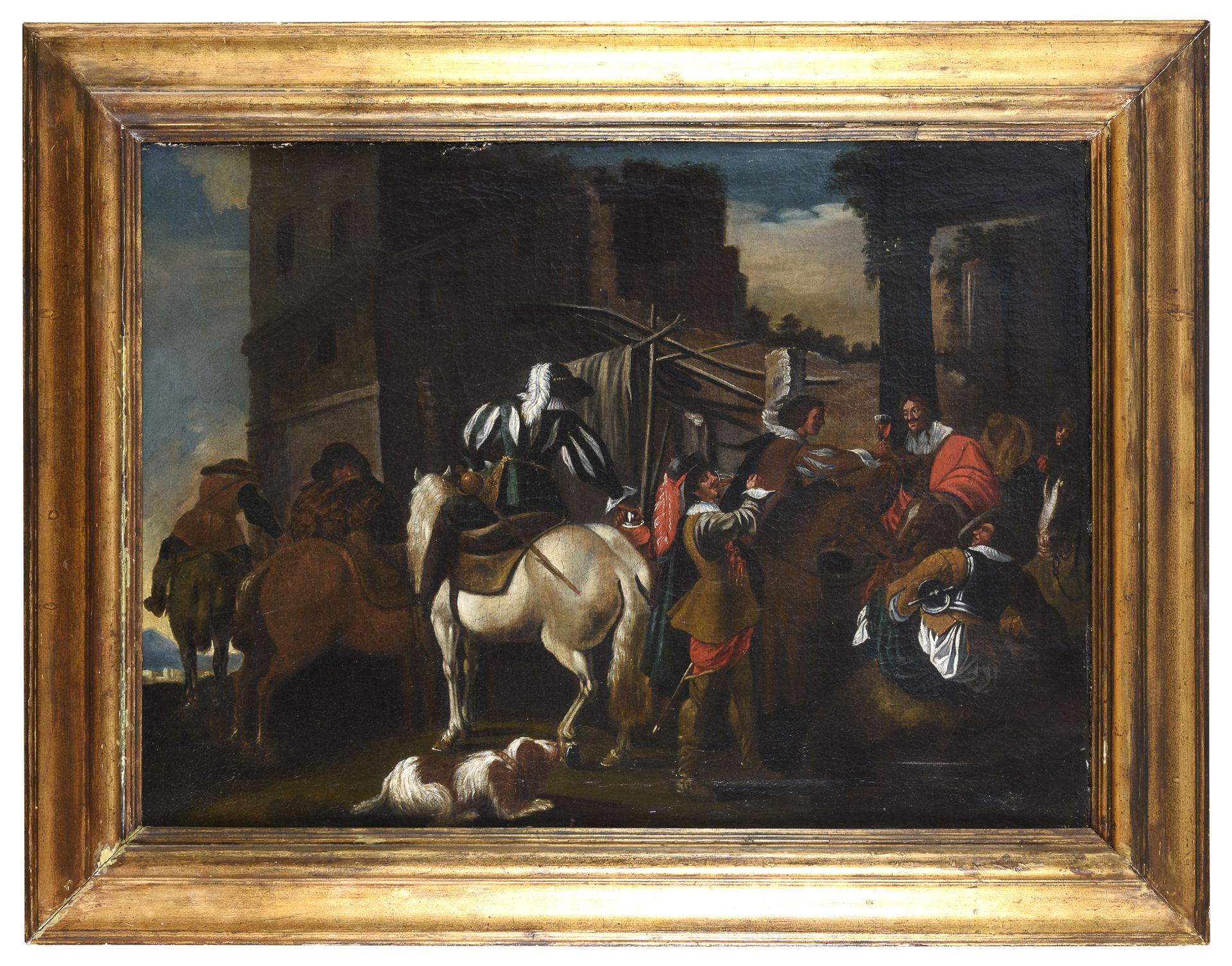 OIL PAINTING OF RIDING KNIGHTS BY THE CIRCLE OF PIETER JACOBSZ VAN LAER