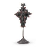 ORTHODOX CROSS IN SILVERED BRONZE PROBABLY RUSSIA EARLY 20TH CENTURY