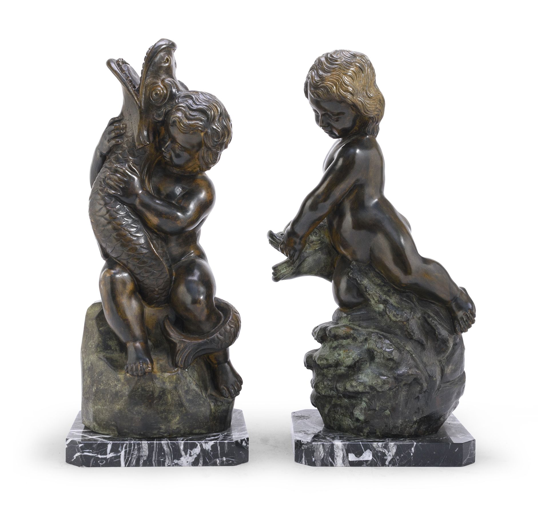 PAIR OF BRONZE PUTTI WITH TRITONS LATE 19TH CENTURY