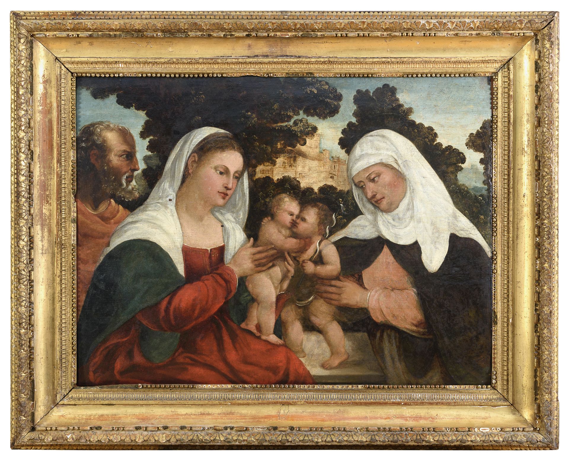 OIL PAINTING OF THE HOLY FAMILY FROM THE WORKSHOP OF PALMA IL VECCHIO