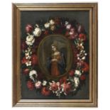 FLORENTINE OIL PAINTING OF THE VIRGIN WITHIN FLOWER GARLAND 17TH CENTURY