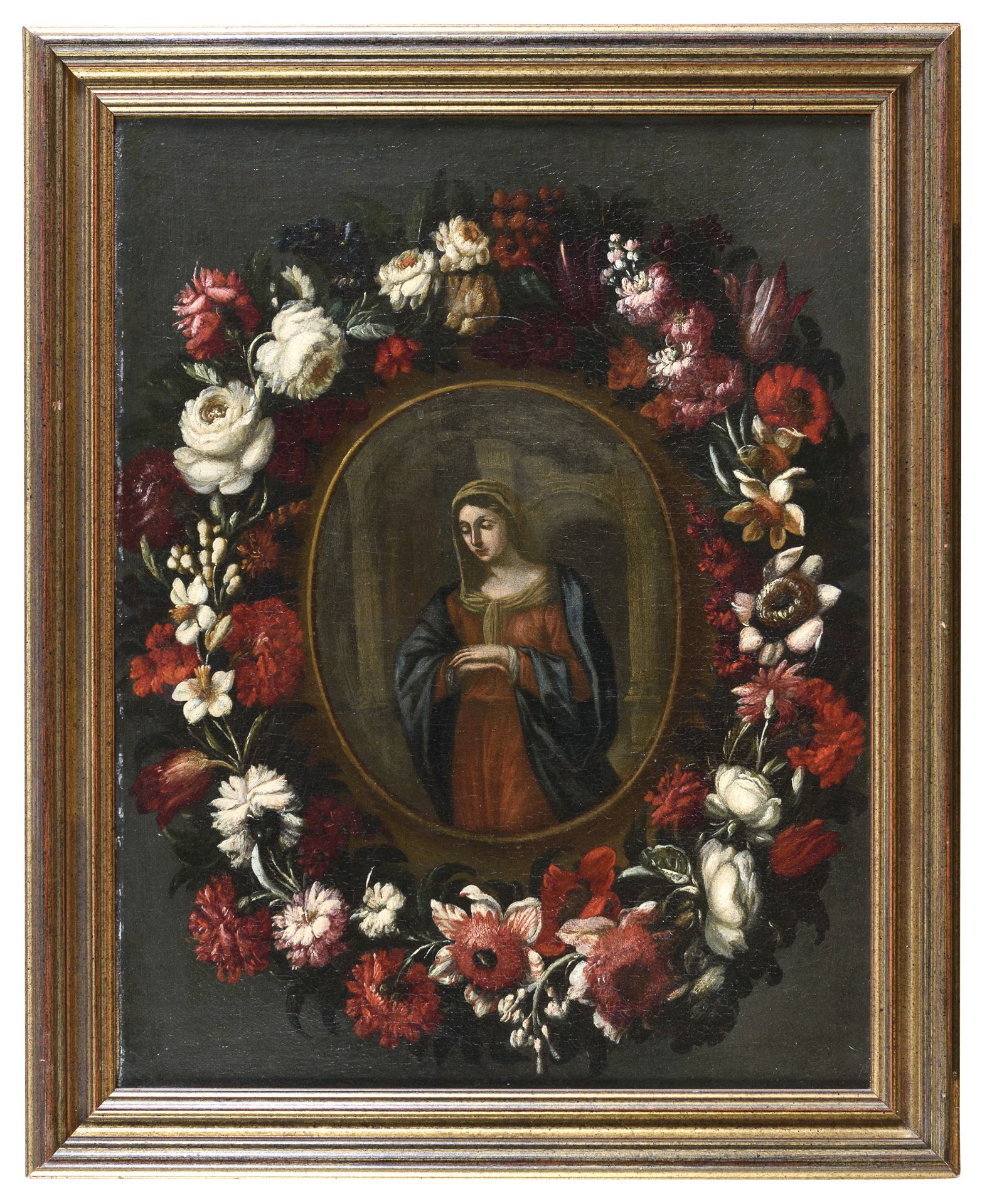 FLORENTINE OIL PAINTING OF THE VIRGIN WITHIN FLOWER GARLAND 17TH CENTURY