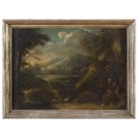 OIL LANDSCAPE WITH ST ANTHONY BY FLEMISH PAINTER ACTIVE IN ITALY 17TH CENTURY