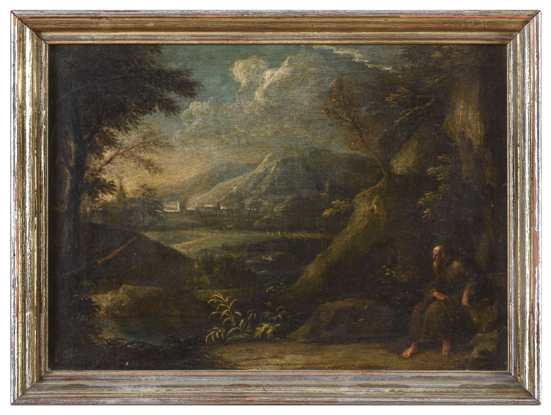 OIL LANDSCAPE WITH ST ANTHONY BY FLEMISH PAINTER ACTIVE IN ITALY 17TH CENTURY