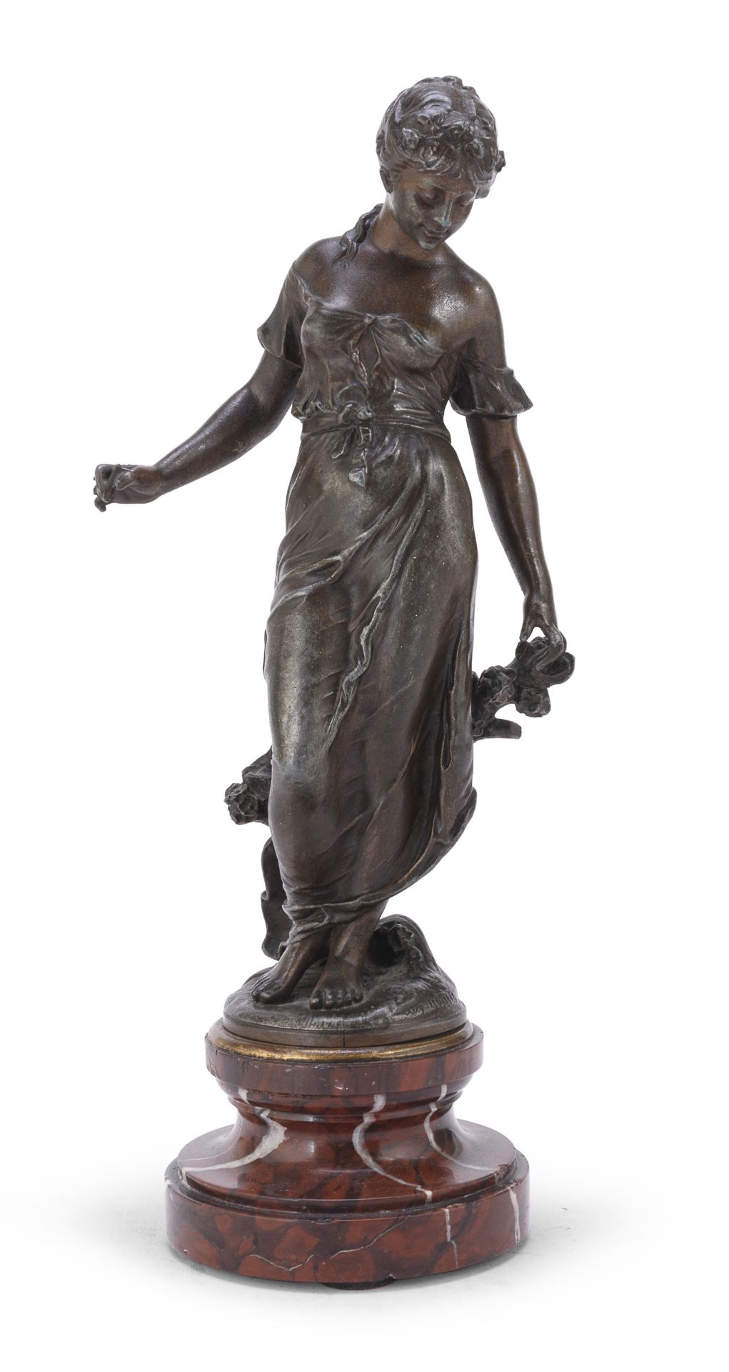 BRONZE SCULPTURE OF A GIRL WITH FLOWERS LATE 19TH CENTURY