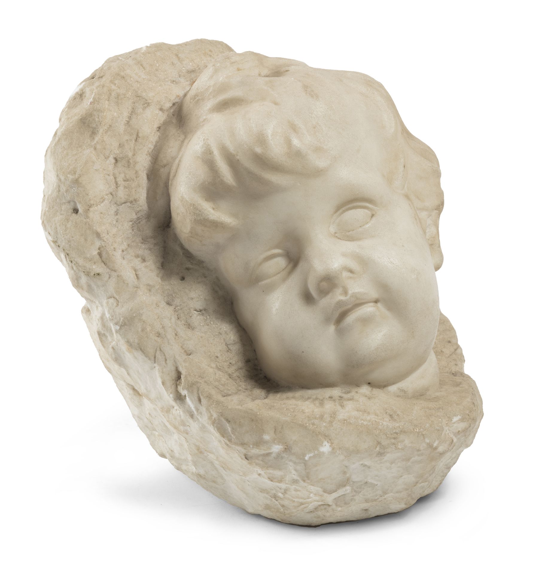 HEAD OF PUTTO IN WHITE MARBLE LATE 18TH CENTURY
