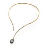 GOLD CHOKER WITH DIAMONDS AND GREY PEARL
