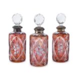 THREE BOTTLES IN PAINTED CRYSTAL LATE 19TH CENTURY