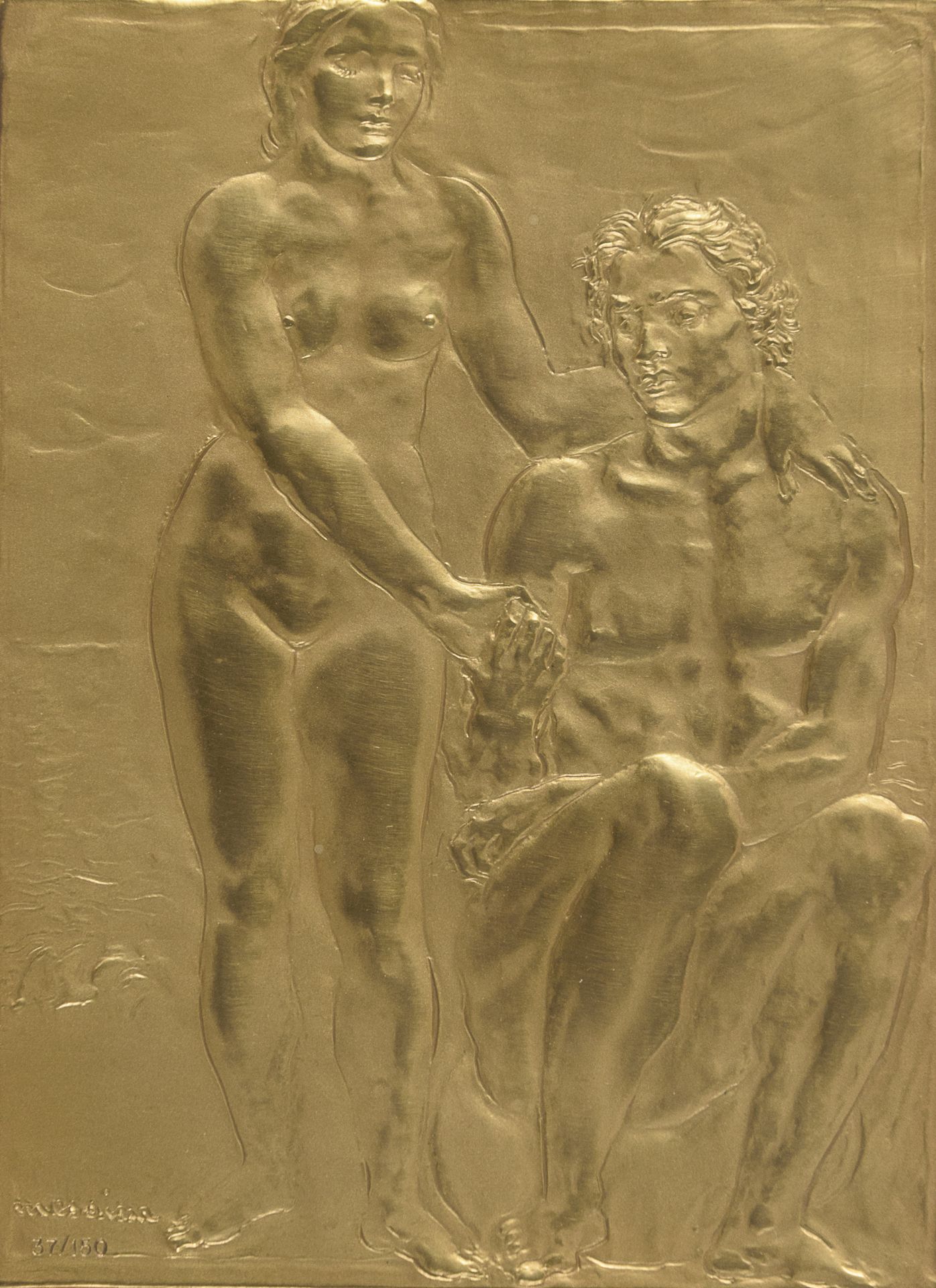 BRONZE BAS-RELIEF THE COUPLE BY FRANCESCO MESSINA 1980s