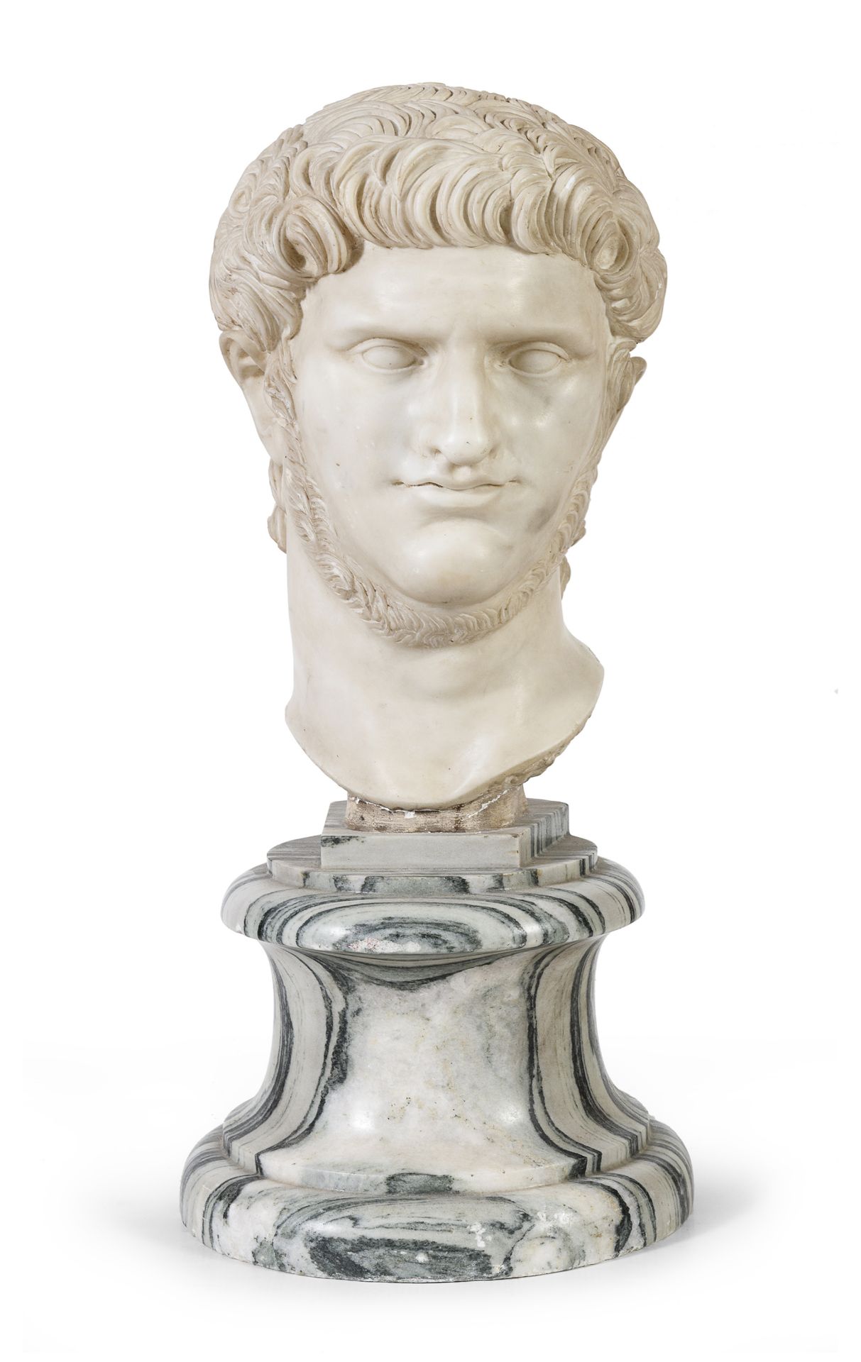 WHITE MARBLE HEAD OF NERO WITH CIPOLLINO BASE