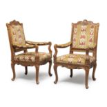 PAIR OF WALNUT ARMCHAIRS FRANCE LOUIS XIV STYLE 20TH CENTURY