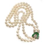 TWO STRAND PEARL NECKLACE WITH EMERALDS AND DIAMONDS