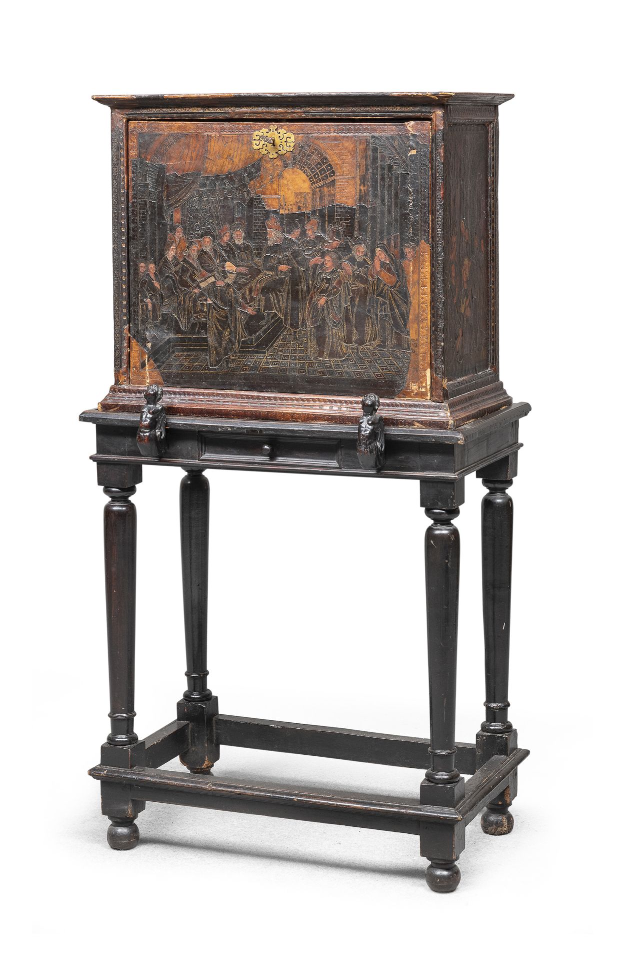 COIN CABINET IN WOOD AND LEATHER PROBABLY SPAIN LATE 16TH CENTURY
