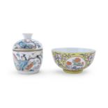 POLYCHROME-DECORATED PORCELAIN BOWL AND LIDDED CUP CHINA 20TH CENTURY
