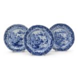 THREE BLUE AND WHITE PORCELAIN SAUCERS CHINA LATE 18TH CENTURY