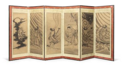 A SIX-PANEL FOLDING SCREEN (BYOBU) WITH INK-ON- PAPER DEPICTIONG OF RAKAN JAPAN 18TH CENTURY