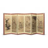 A SIX-PANEL FOLDING SCREEN (BYOBU) WITH INK-ON- PAPER DEPICTIONG OF RAKAN JAPAN 18TH CENTURY