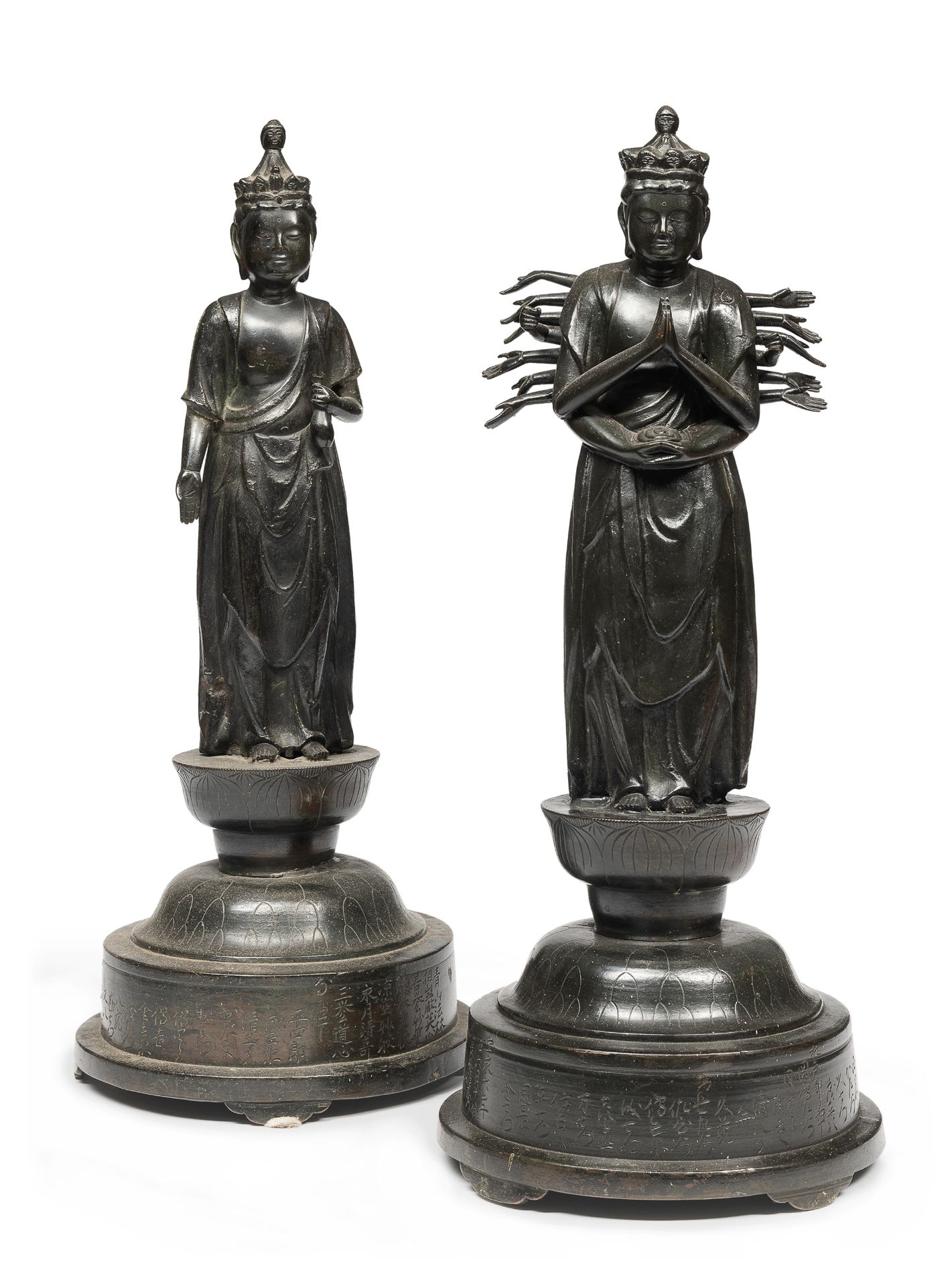 A RARE PAIR OF BRONZE SCULPTURES DEPICTING JUICHIMEN KANNON AND SHO KANNON JAPAN DATED 1709